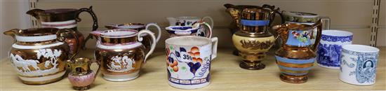 A collection of Victorian copper lustre and other jugs etc (14)